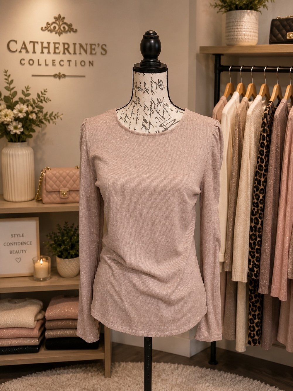 Express Women's Beige Shimmer Knit Sweater Size Large Long Sleeve Crew Neck